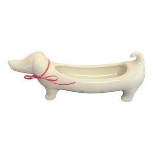 Pier 1 White Ceramic Dachshund Shaped Decorative Serving Dish Cracker Holder 12"